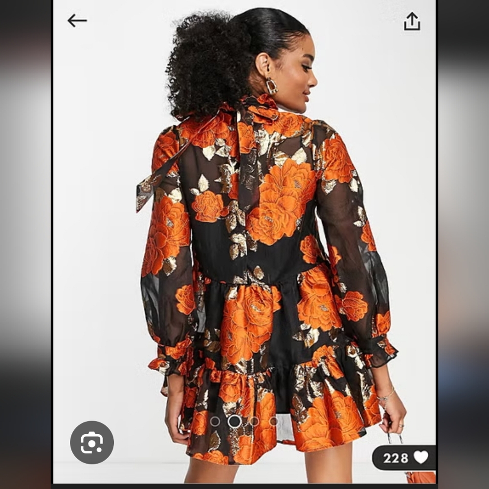 ASOS Florals on High-Neck‎ Ruffle Mini Dress - Orange/Black - Picture 3 of 11